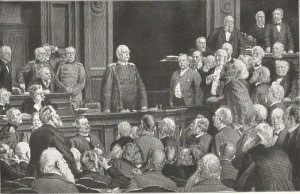 Bismarcks Rede vor dem Reichstag am 6. Februar 1888. Lithographie nach dem Gemälde von Ernst Henseler, 1901